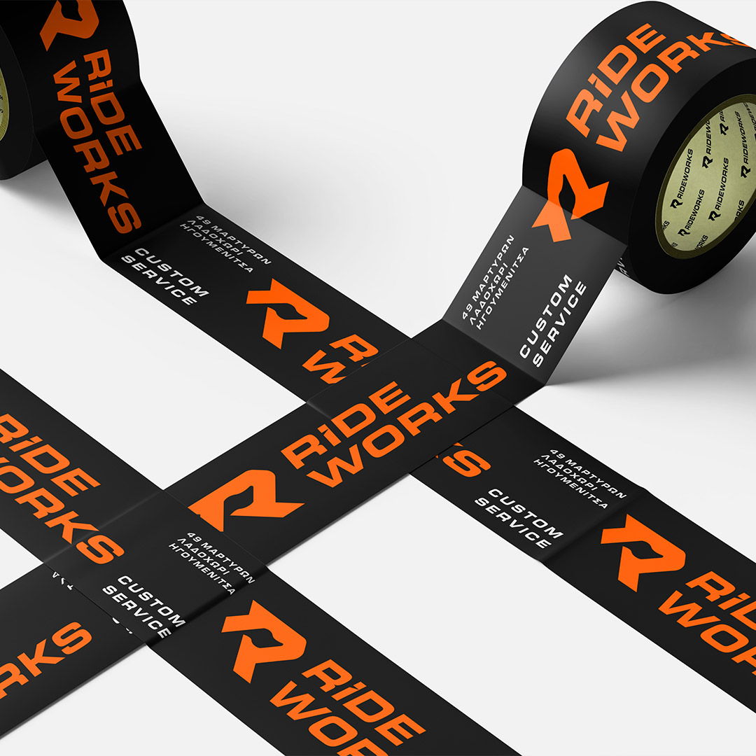 Rideworks black and orange branded packaging tape